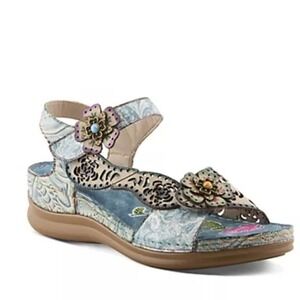 L'Artiste by Spring Step Leather Open Toe Strappy Script Blum Sandal- 6.5/7 & 37